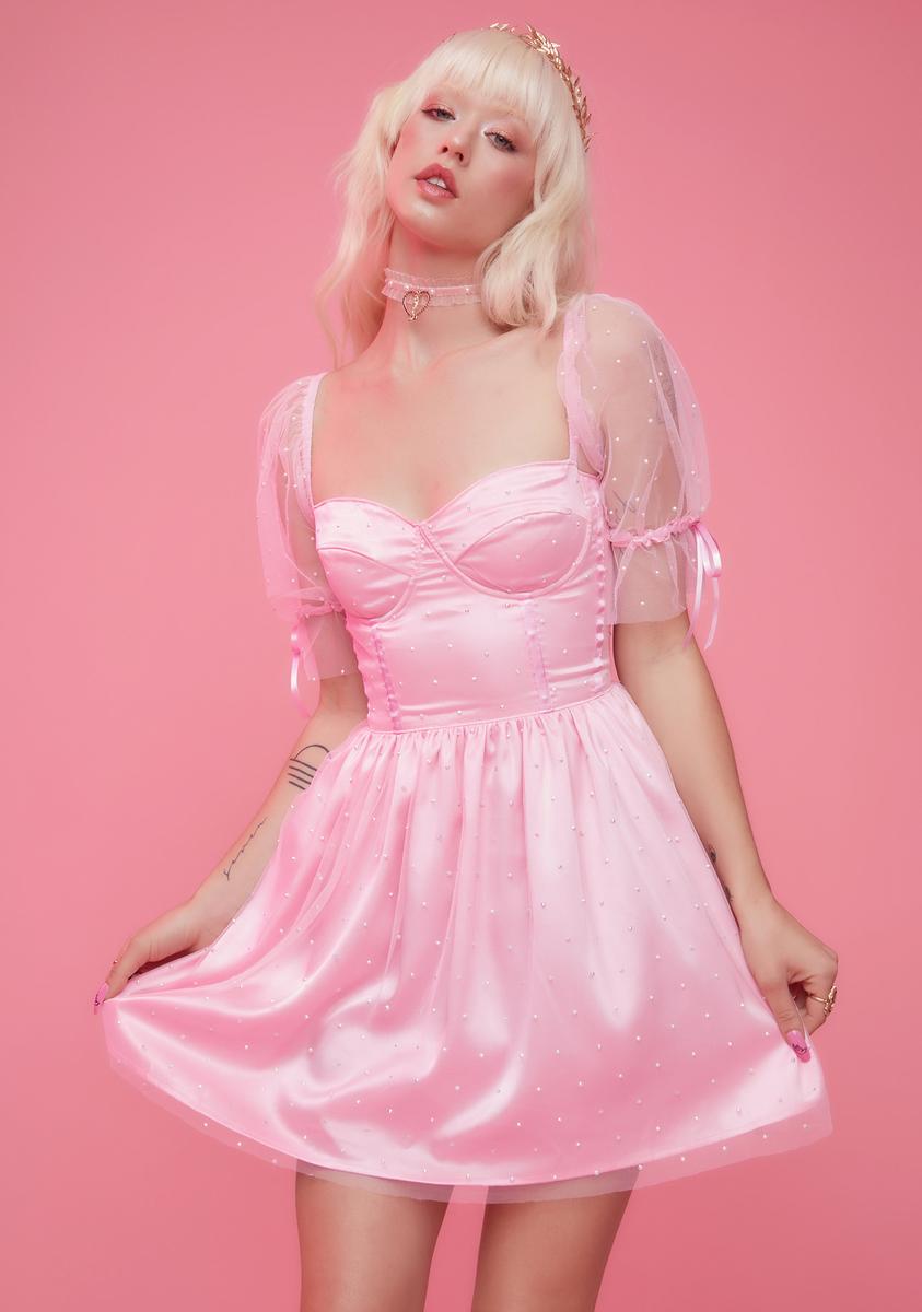 Sugar Thrillz Rhinestone Mesh Puff Sleeve Babydoll Dress - Light Pink Sugar Thrillz Rhinestone Mesh Puff Sleeve Babydoll Dress - Light Pink