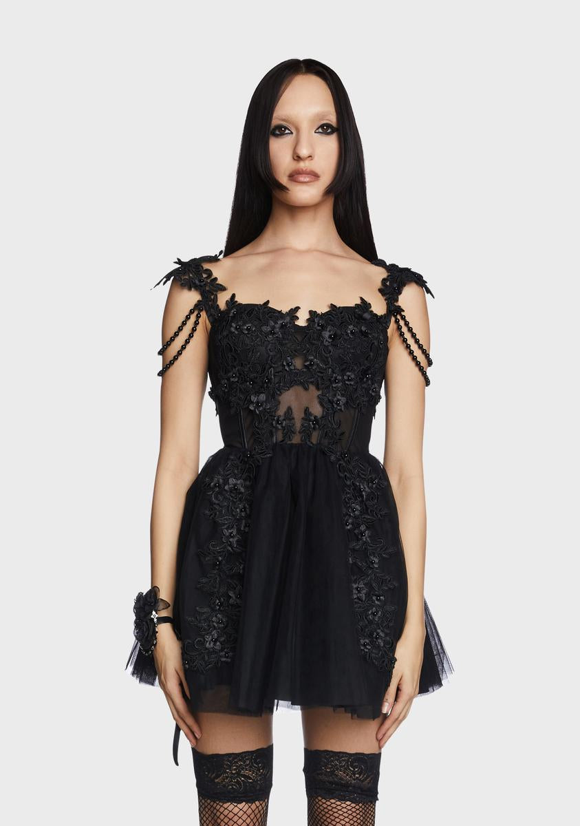 Unholy 3D Flower Applique Mini Dress - Black