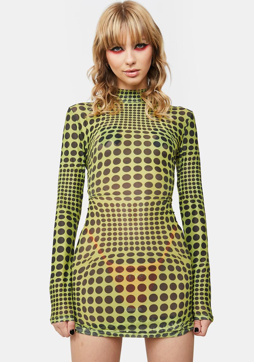Bodycon Sheer Mesh Mock Neck Mini Dress - Spotted Green Dolls Kill Bodycon Sheer Mesh Mock Neck Mini Dress - Spotted Green Dolls Kill
