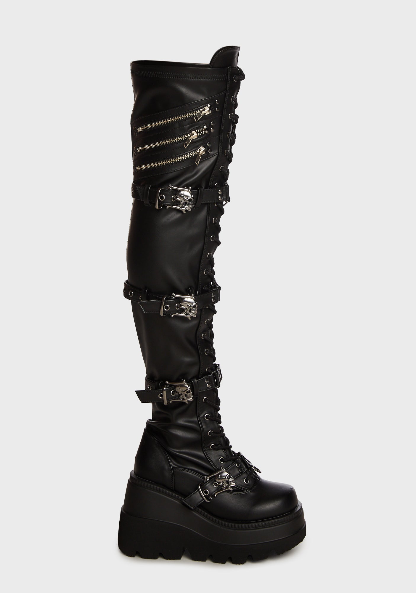 Demonia Thigh High Buckled Platform Boots - Black Stretch Vegan Leather