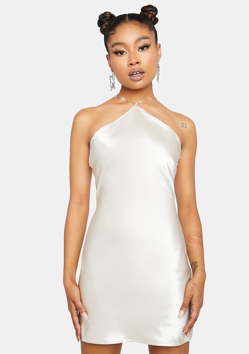 Rhinestone Halter Neck Satin Mini Dress - Light Gold Dolls Kill Rhinestone Halter Neck Satin Mini Dress - Light Gold Dolls Kill