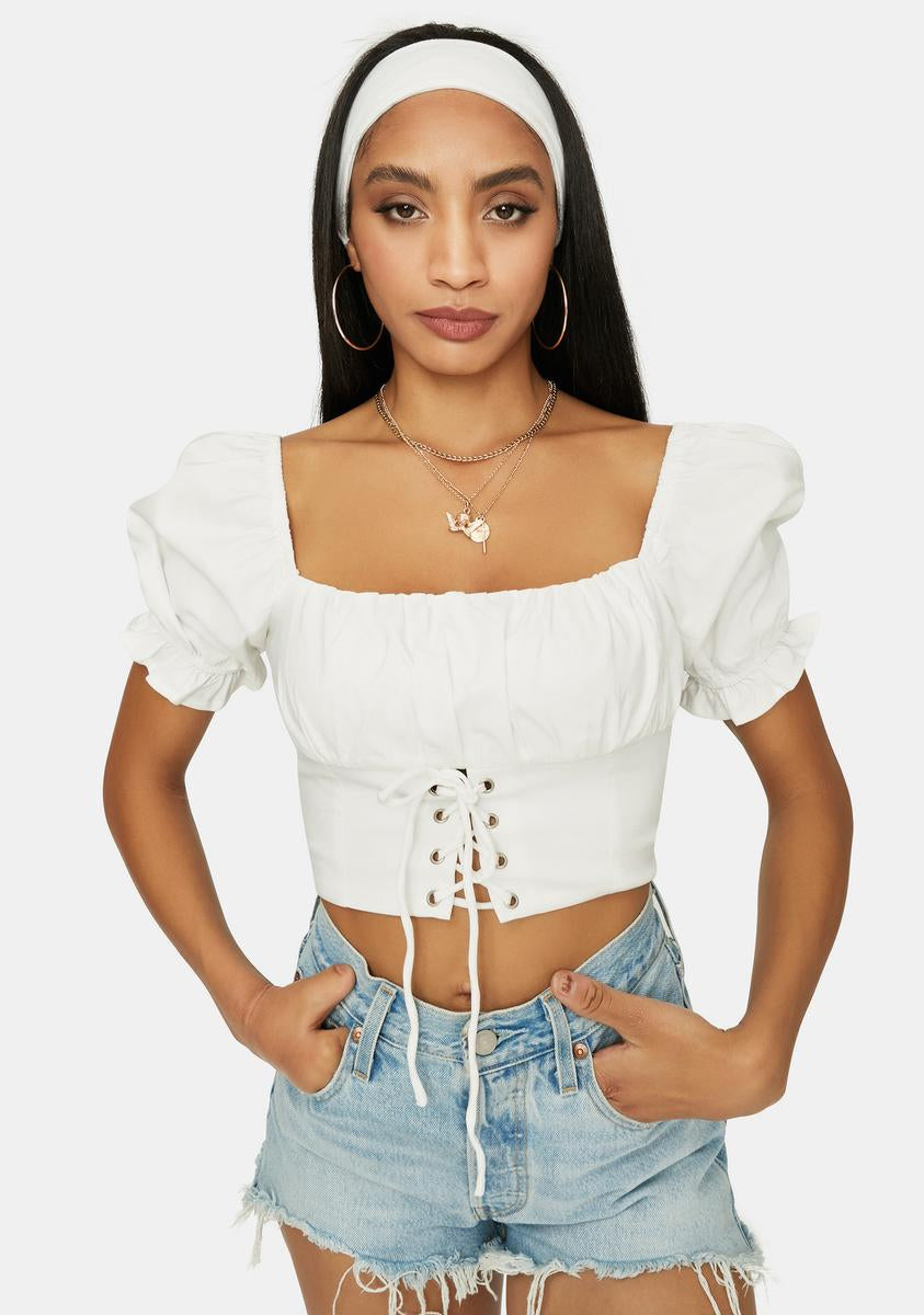 Off Shoulder Puff Sleeve Lace Up Crop Top - White – Dolls Kill