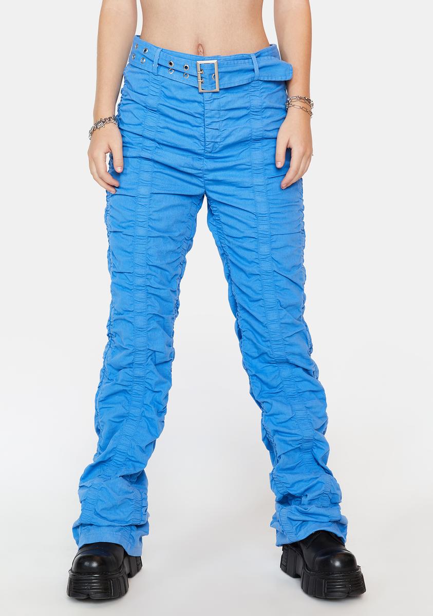 Ruched Baggy Belted Pants - Blue