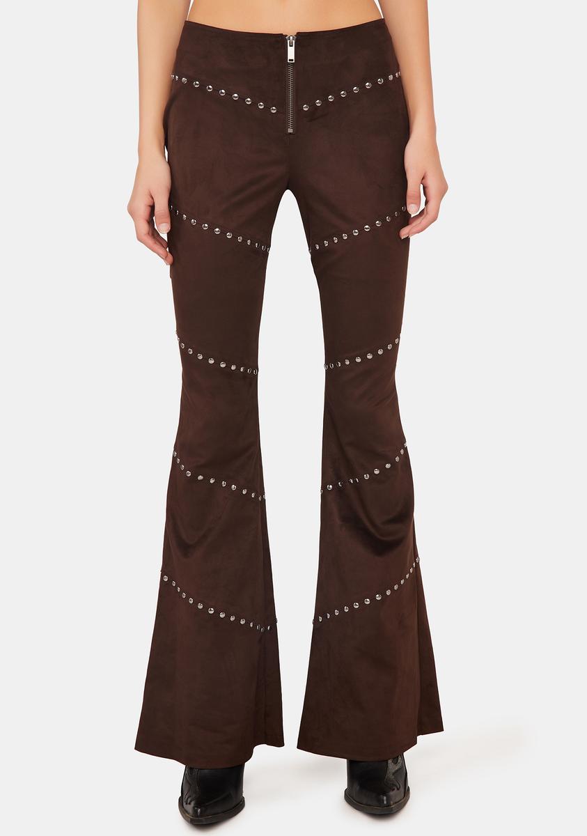 Current Mood Faux Suede Flare Pants - Brown/Tan – Dolls Kill