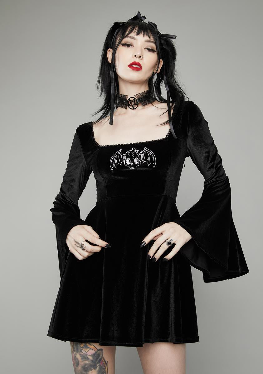 Widow Bat Embroidered Velvet Bell Sleeve Dress - Black  Dolls Kill