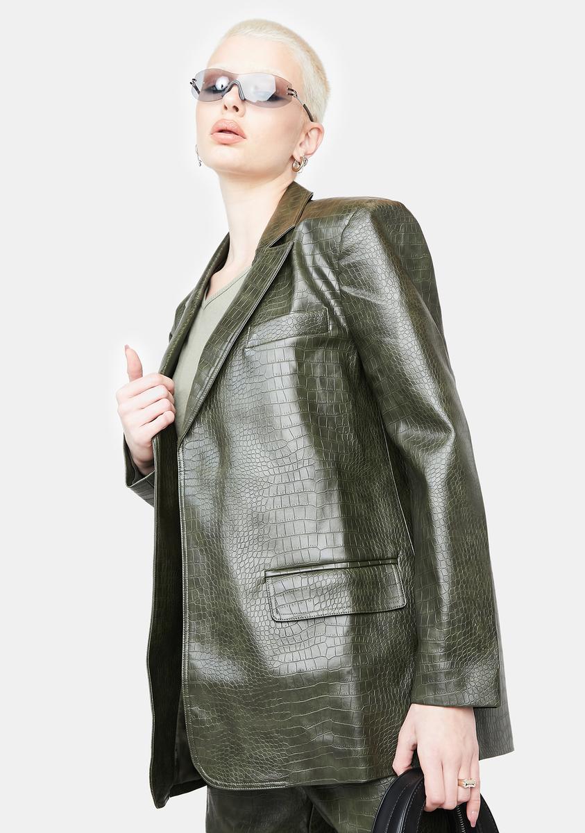 BY DYLN Oversized Vegan Leather Croc Blazer Green – Dolls Kill
