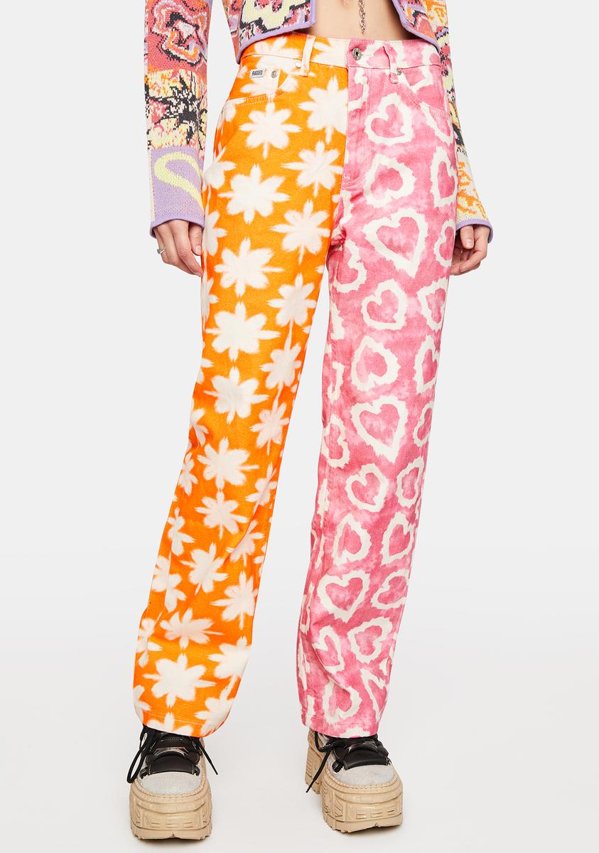 The Ragged Priest Heart Flower Print Denim Jeans - Pink