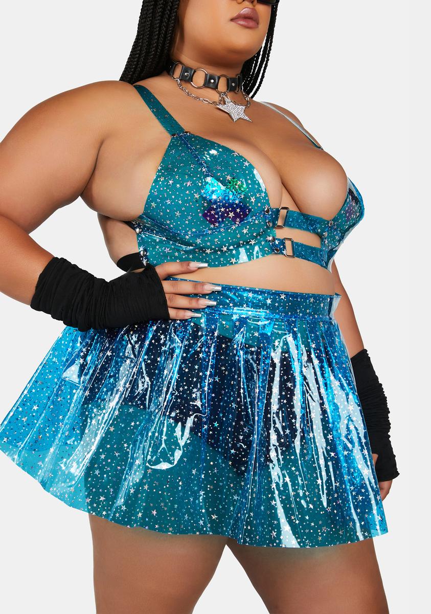 Plus Size Star Glitter Pleated Vinyl Mini Skirt Blue – Dolls Kill