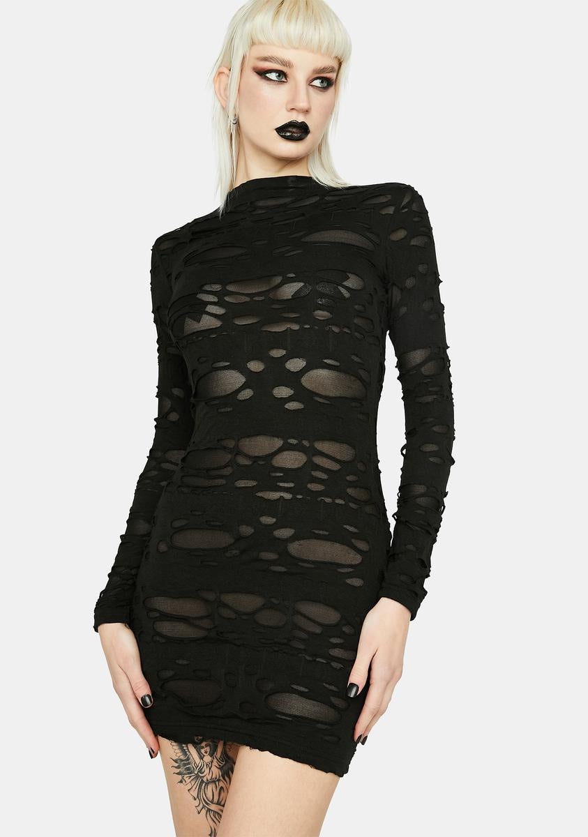 Sheer Distressed Mock Neck Long Sleeve Mini Dress - Black Sheer Distressed Mock Neck Long Sleeve Mini Dress - Black