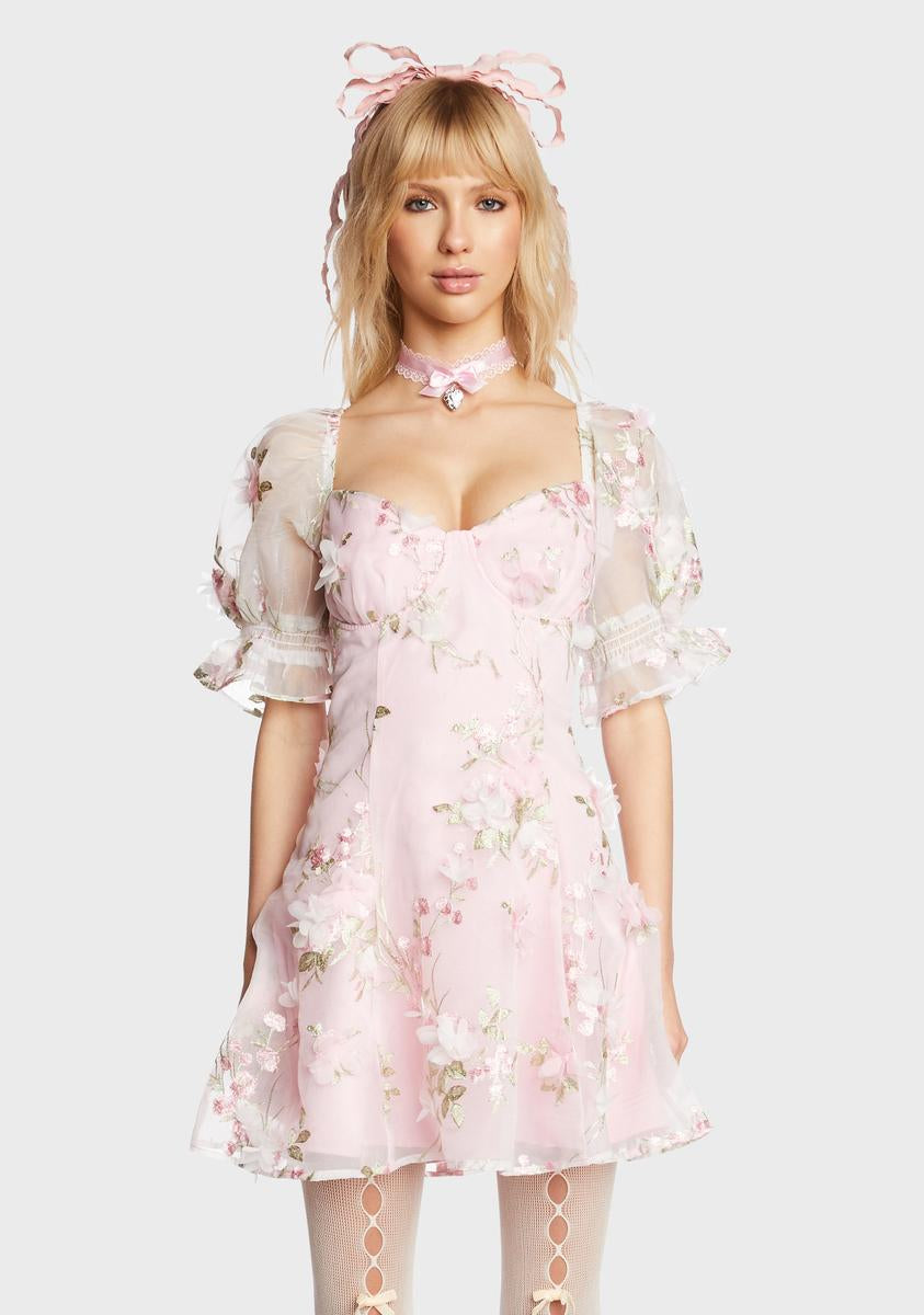 Sugar Thrillz Floral Embroidered Mesh Mini Dress - Pink
