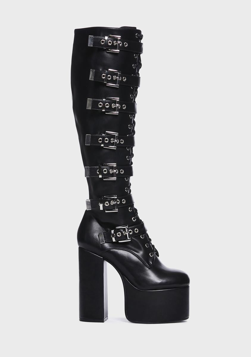 Lamoda Knee High Buckle Platform Boots - Black