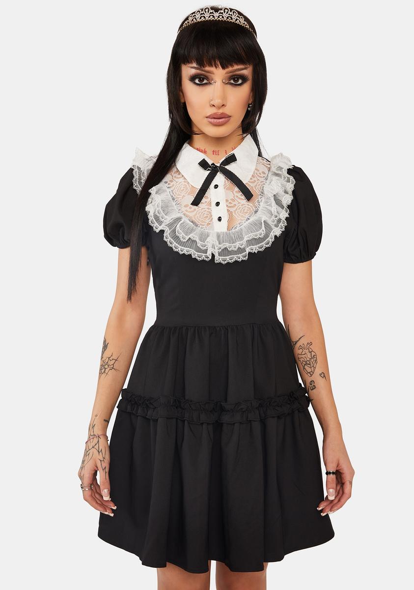 Dark In Love Skull Lace Ruffle Puff Sleeve Collar Dress - Black/White Dark In Love Skull Lace Ruffle Puff Sleeve Collar Dress - Black/White