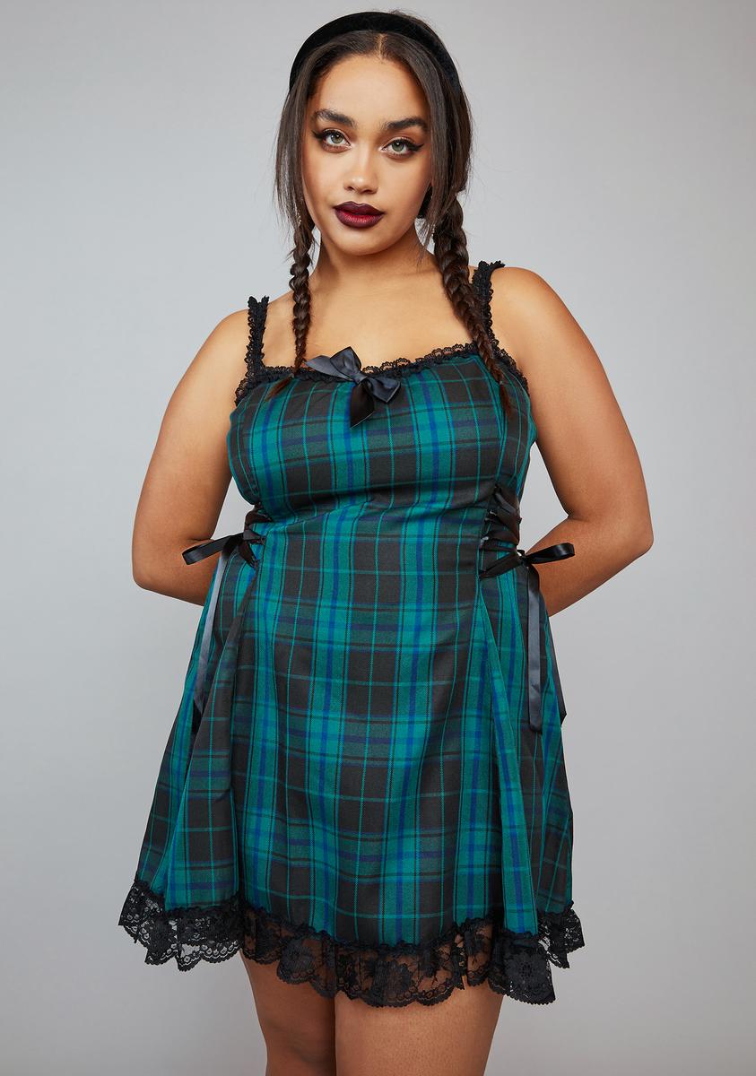 Widow Plus Size Plaid Lace Trim Satin Bow Mini Dress - Black Green Widow Plus Size Plaid Lace Trim Satin Bow Mini Dress - Black Green