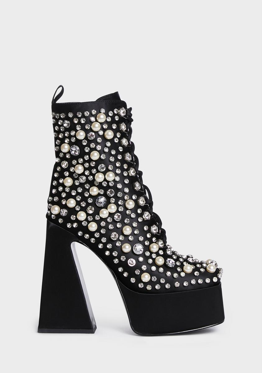 AZALEA WANG Satin Rhinestone Pearl Platform Boots - Black – Dolls Kill