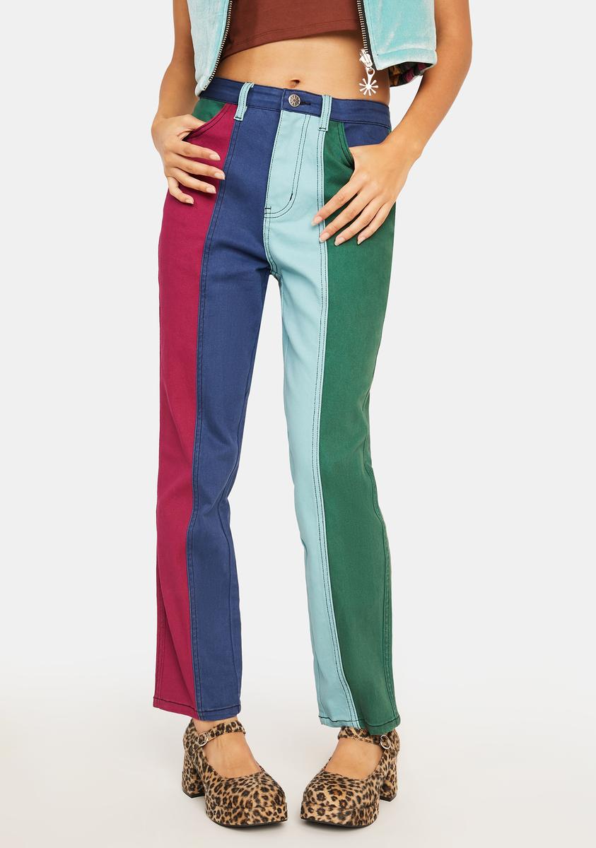 Delia s Color Block Striped Mom Jeans Blue Red Green