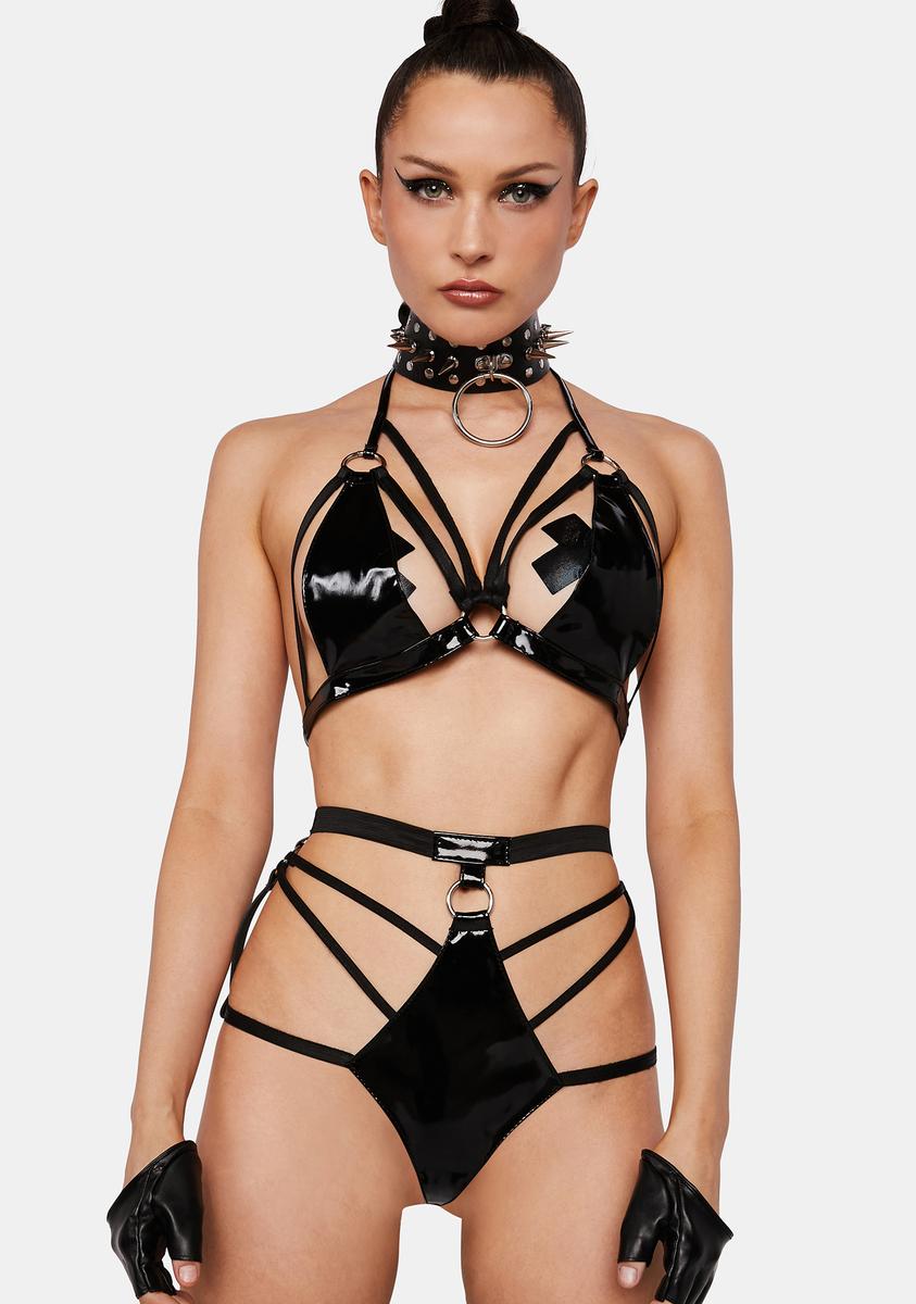 Vinyl Bra Top And Booty Shorts Set - Black  Dolls Kill