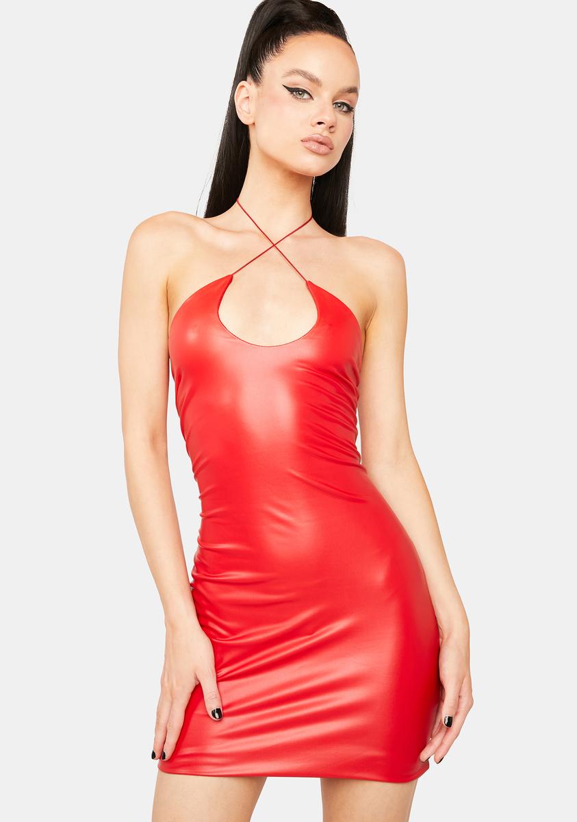 Scoop Neck Crisscross Ties Halter Bodycon Vegan Leather Mini Dress