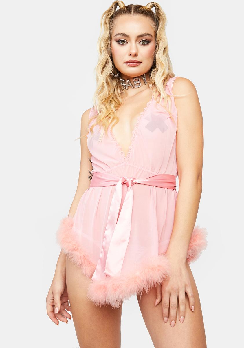 Roma Mesh Babydoll With Faux Fur Trim - Pink