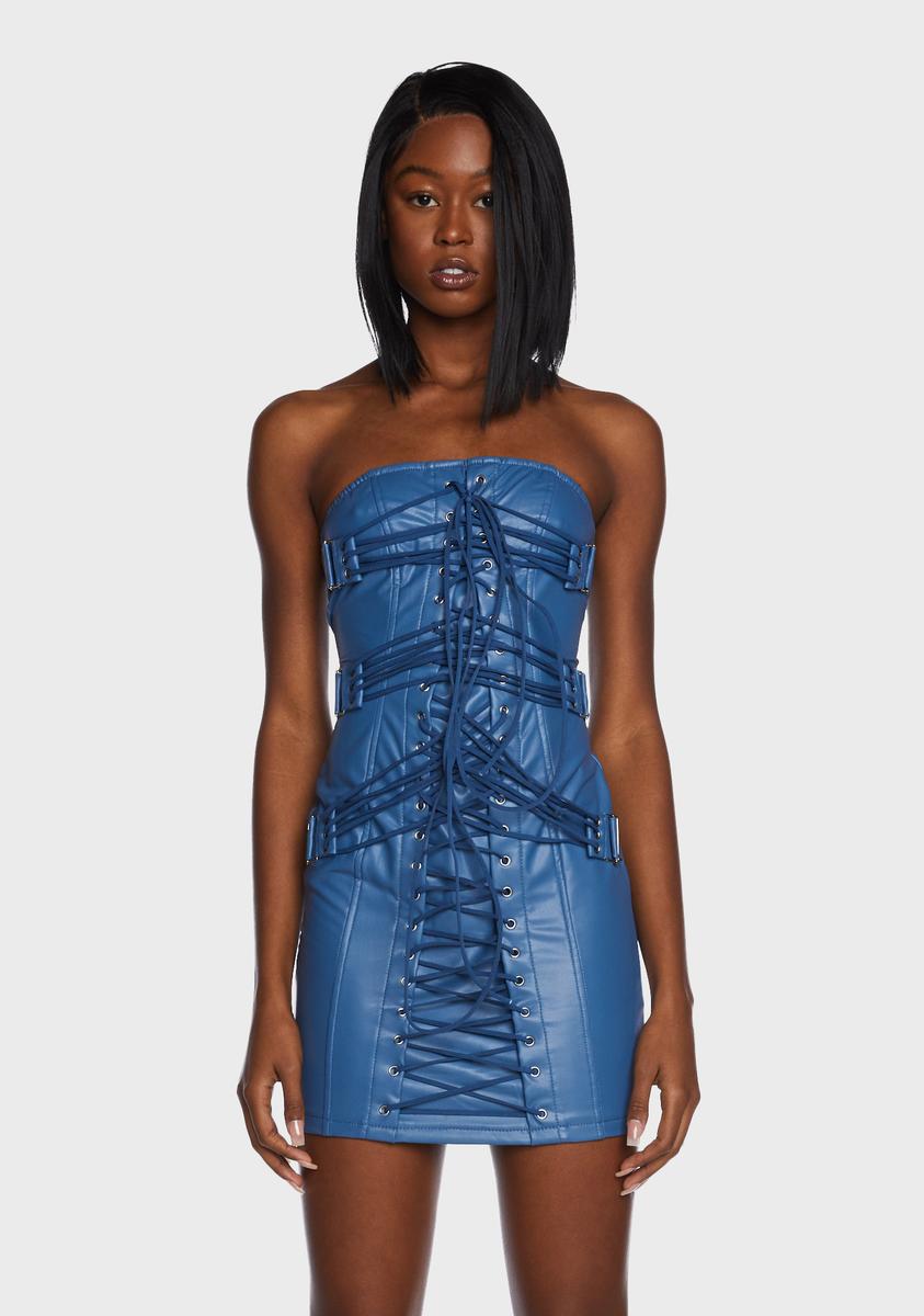 Vegan Leather Lace Up Bondage Mini Dress - Blue Dolls Kill Vegan Leather Lace Up Bondage Mini Dress - Blue Dolls Kill