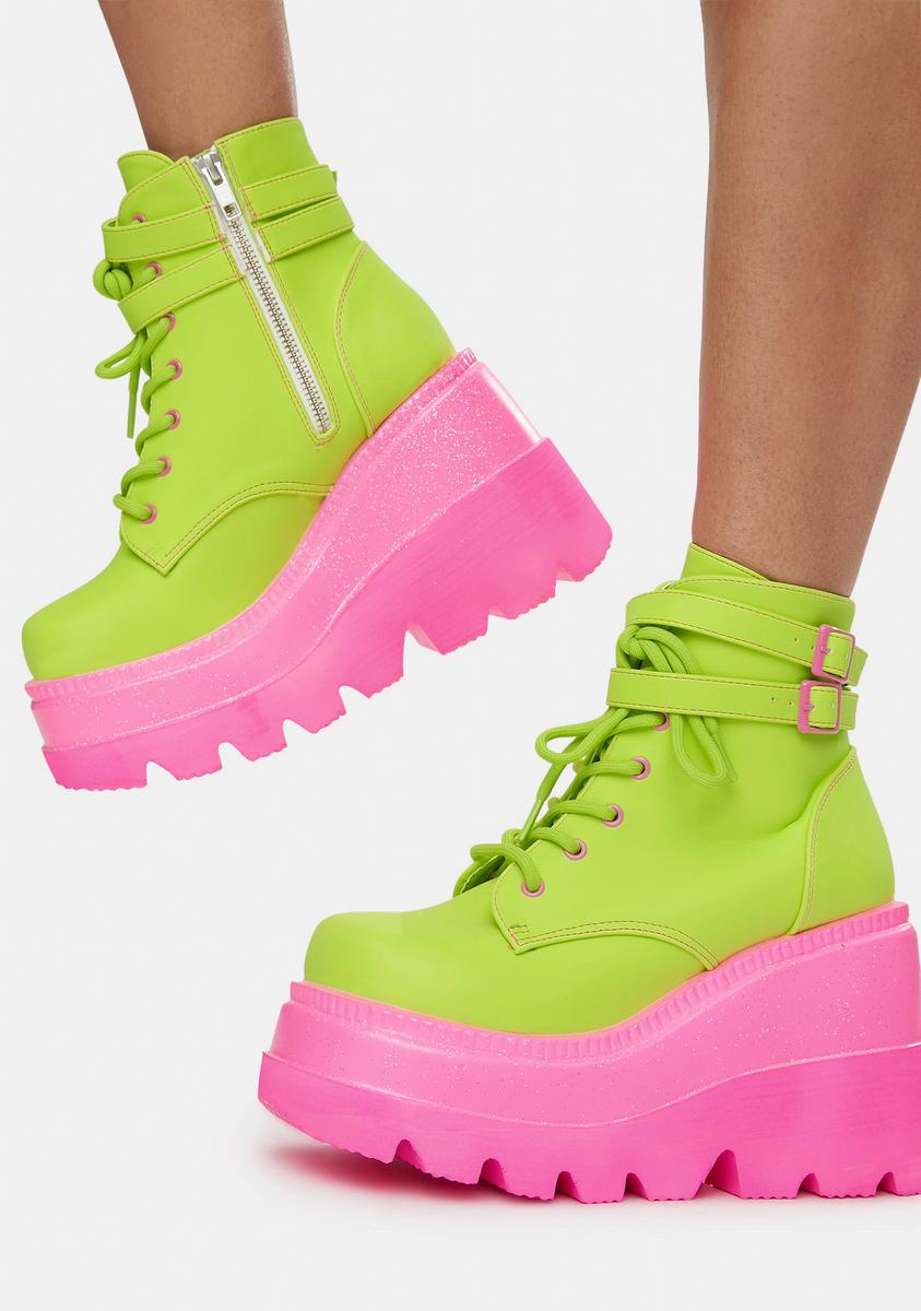 Demonia SHA52 Neon Colorblock Platform Boots – Dolls Kill