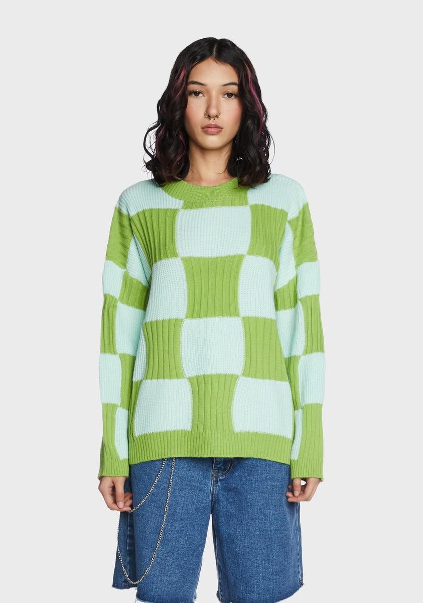Checkered Pattern Ribbed Trim Knit Baggy Sweater main image 1