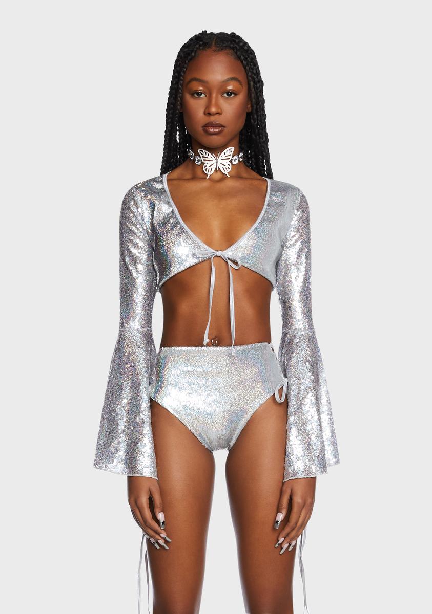 Club Exx Bell Sleeve Glitter Crop Top - Silver Holographic Sequins