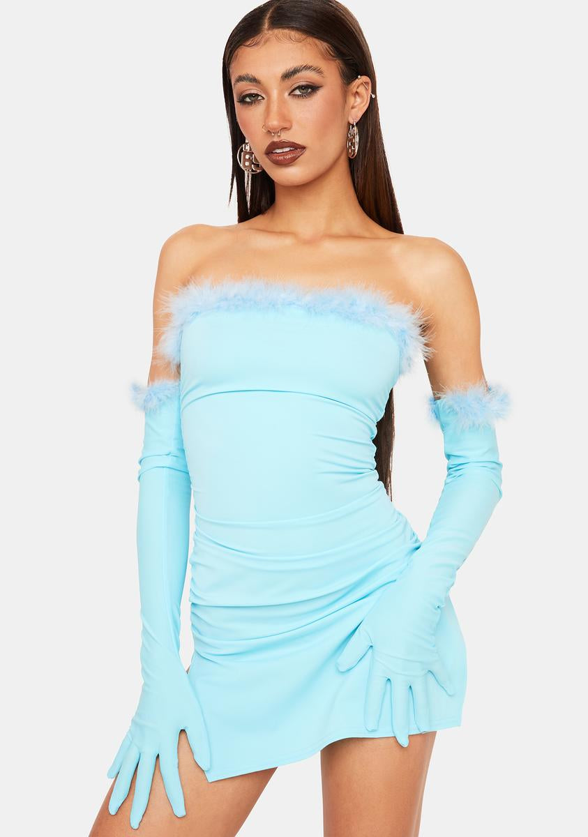 Indigo Freya Fluffy Trim Dress And Gloves Set - Baby Blue  Dolls Kill