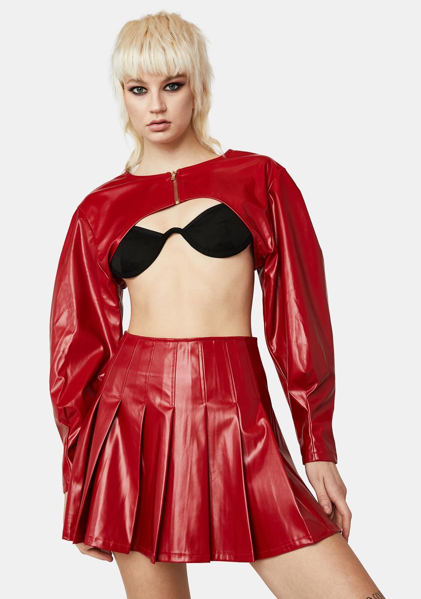 Vegan Leather Shrug Top And Pleated Skirt Set Red – Dolls Kill