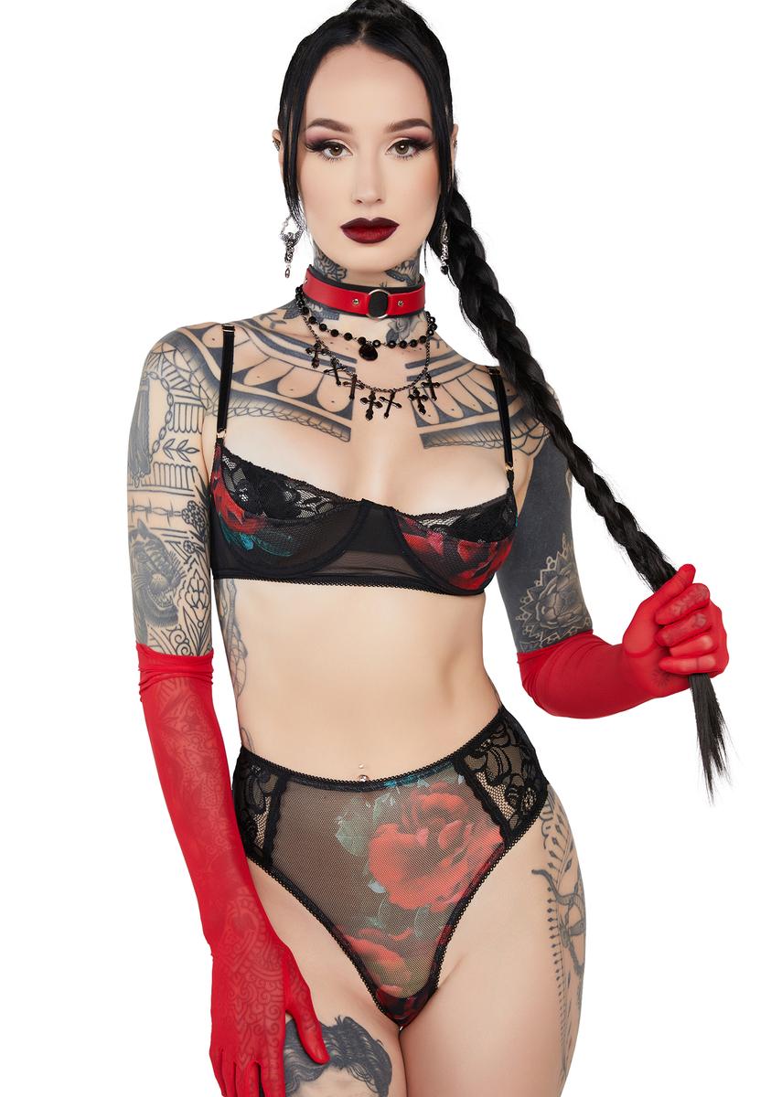 Rose Print Sheer Mesh Lace Lingerie Set - Black/Red Dolls Kill Rose Print Sheer Mesh Lace Lingerie Set - Black/Red Dolls Kill