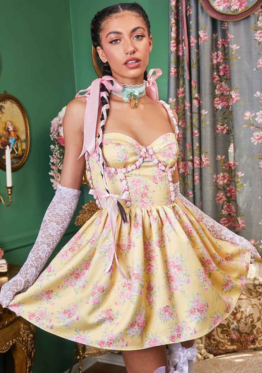 Sugar Thrillz Floral Print Bustier Corset Dress - Yellow Dolls Kill Sugar Thrillz Floral Print Bustier Corset Dress - Yellow Dolls Kill