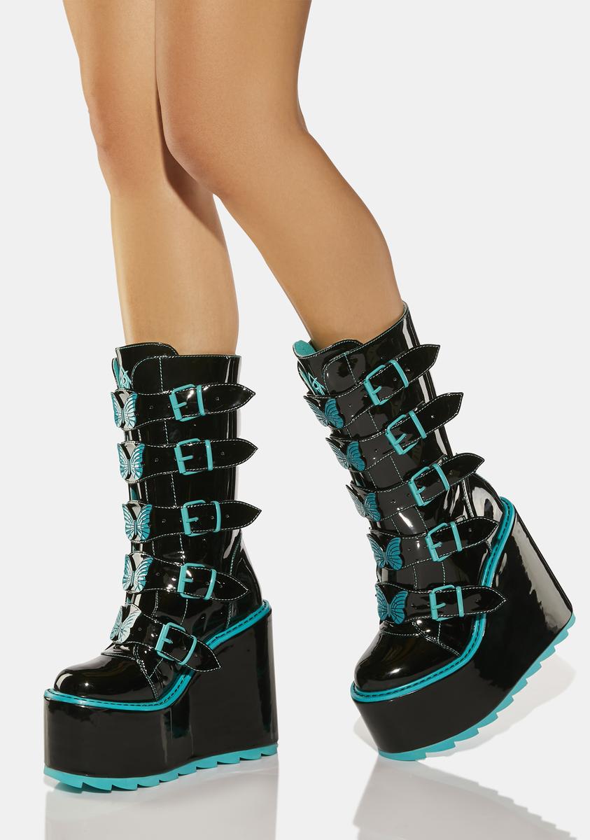 YRU Butterfly Buckle Platform Boots Black Patent/Teal – Dolls Kill