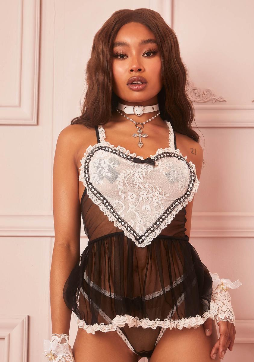 Sugar Thrillz French Maid Heart Lace Teddy Set  Dolls Kill