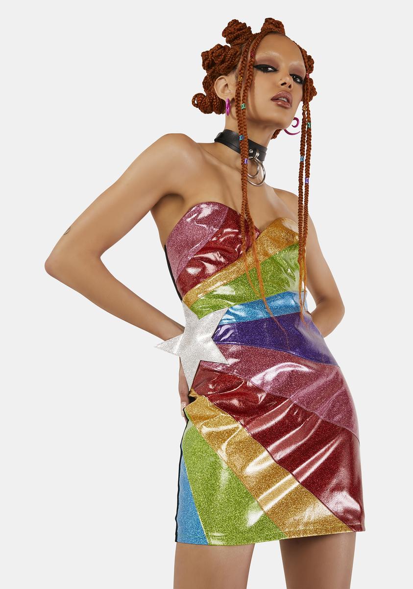 Club Exx Glitter Vinyl Bodycon Star Dress - Rainbow Club Exx Glitter Vinyl Bodycon Star Dress - Rainbow