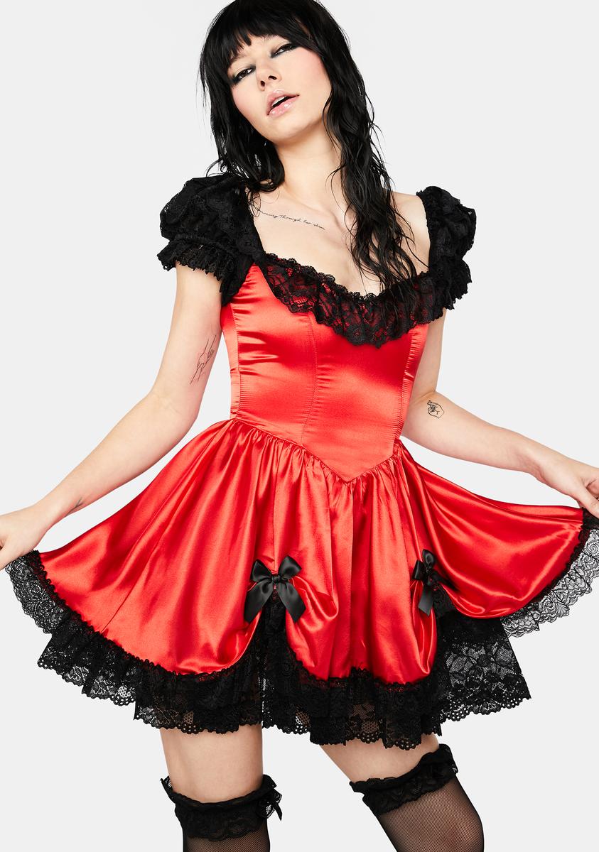 Current Mood No Love Satin Lace Ruffle Mini Dress - Red/Black
