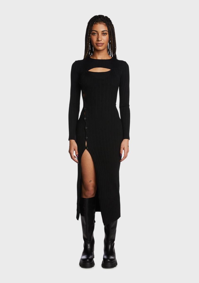 Ribbed Knit Cut Out Slit Midi Dress - Black Dolls Kill Ribbed Knit Cut Out Slit Midi Dress - Black Dolls Kill