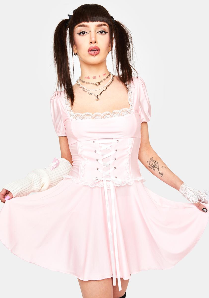 Square Neck Puff Sleeve Lace Up Babydoll Dress