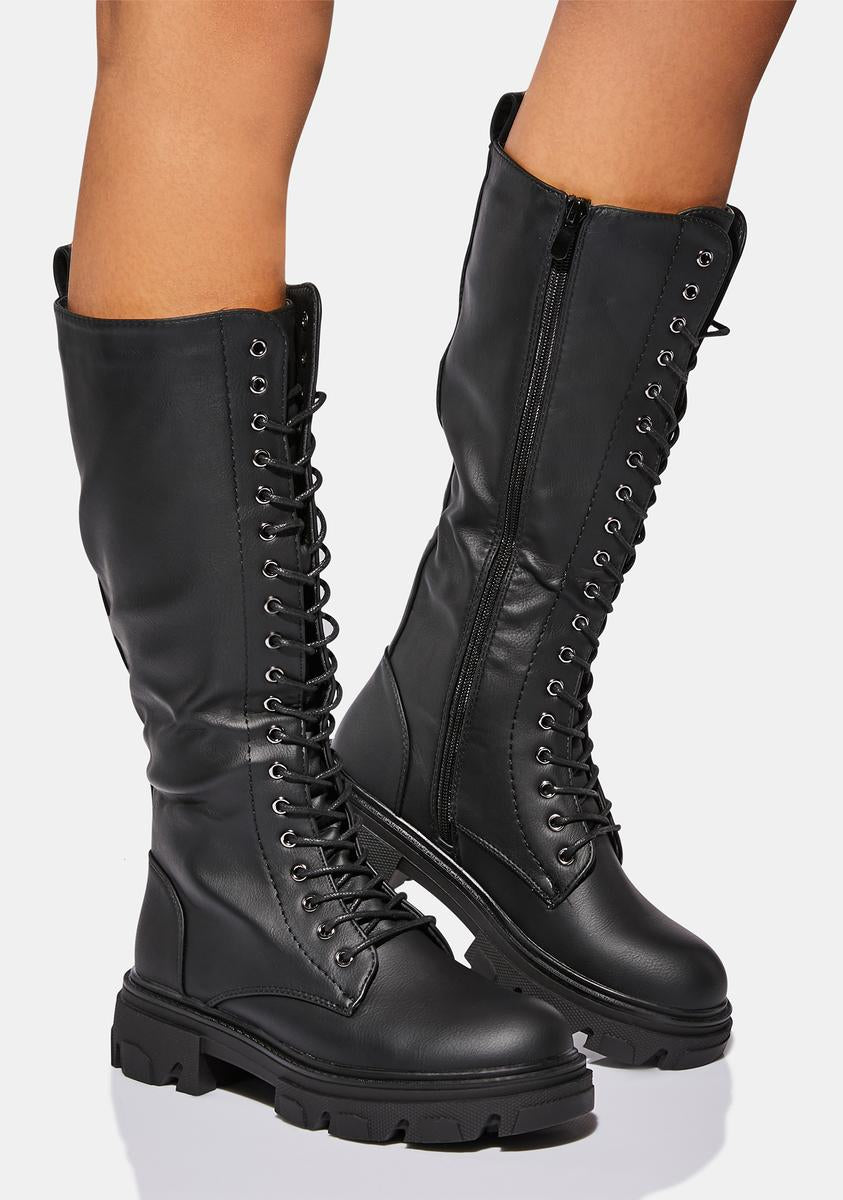 Vegan Leather Lace Up Knee High Boots - Black – Dolls Kill