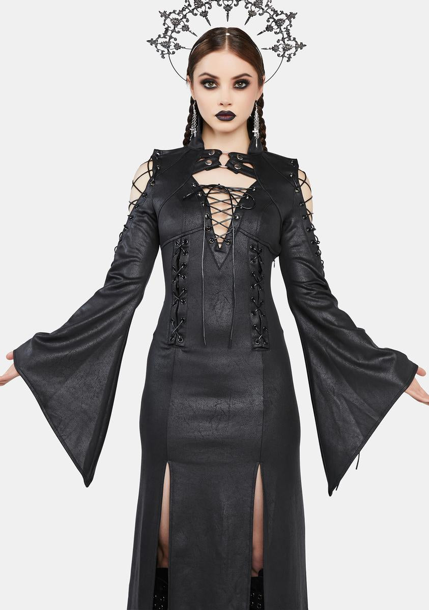 Red Night Gothic Vegan Leather Cut Out Lace Up Maxi Dress - Black