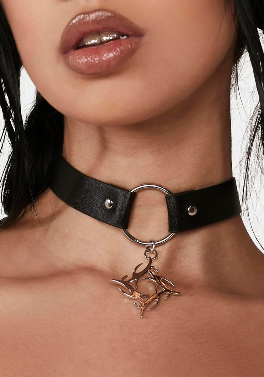 O Ring Tattoo Charm Faux Leather Choker Necklace Black Dolls Kill