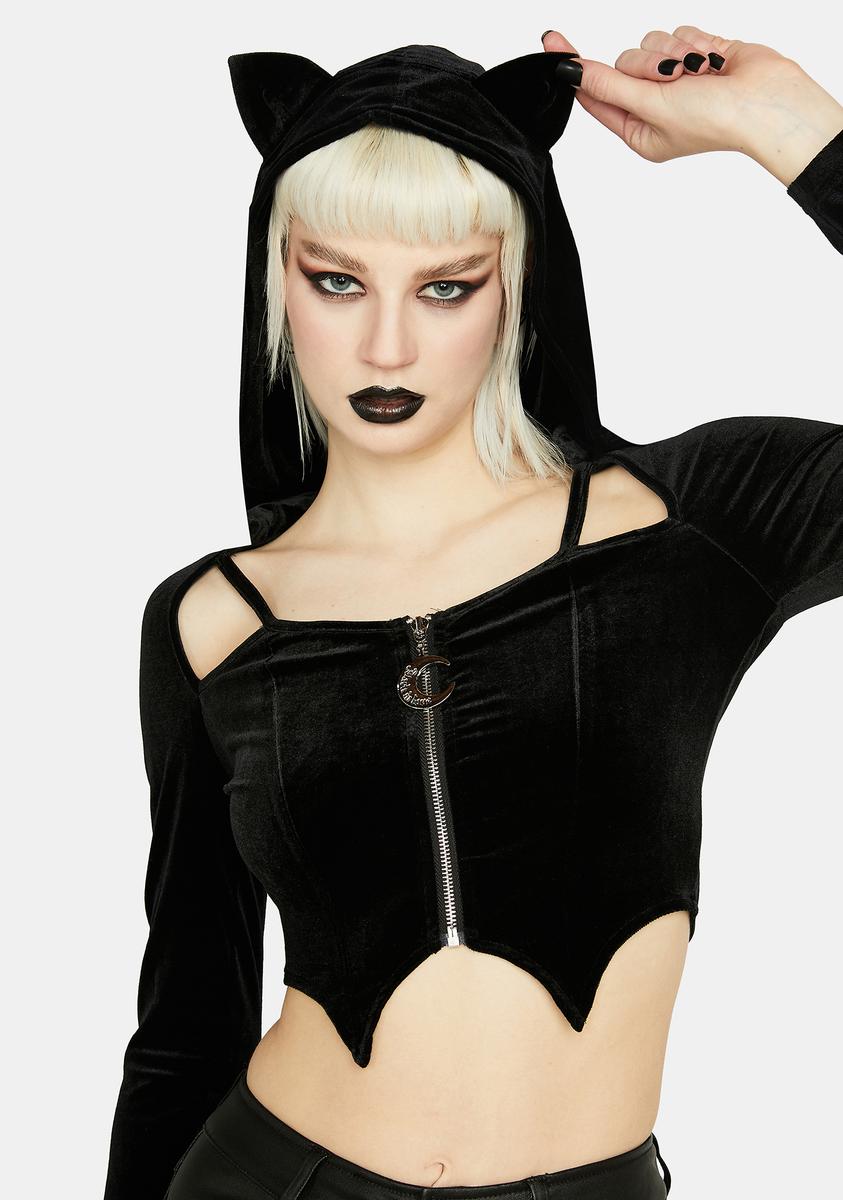 Dark In Love Velvet Cat Ears Zip Hoodie Crop Top - Black Dark In Love Velvet Cat Ears Zip Hoodie Crop Top - Black