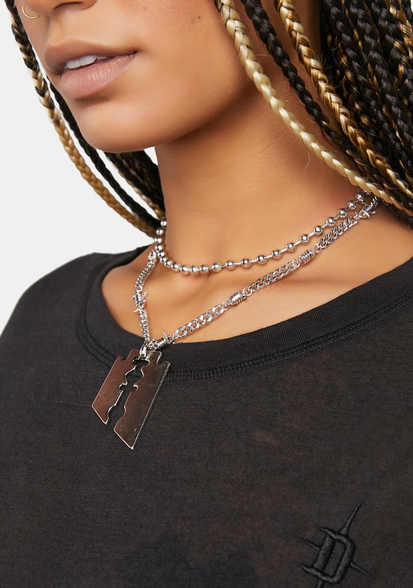 Barbed Wire Razor Blade Layered Chain Choker Necklace Silver Dolls Kill