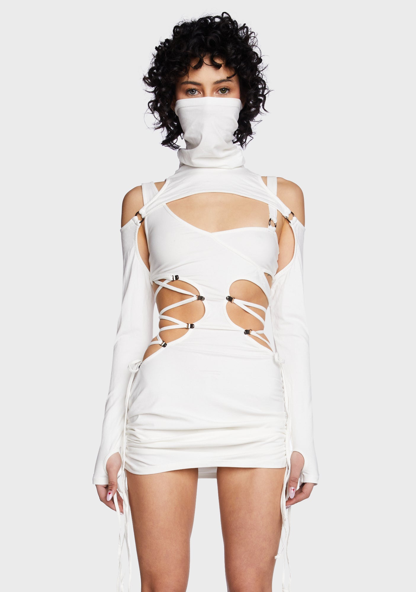 Darker Wavs Cut Out Lace Up Dress With Detachable Shrug - White Darker Wavs Cut Out Lace Up Dress With Detachable Shrug - White