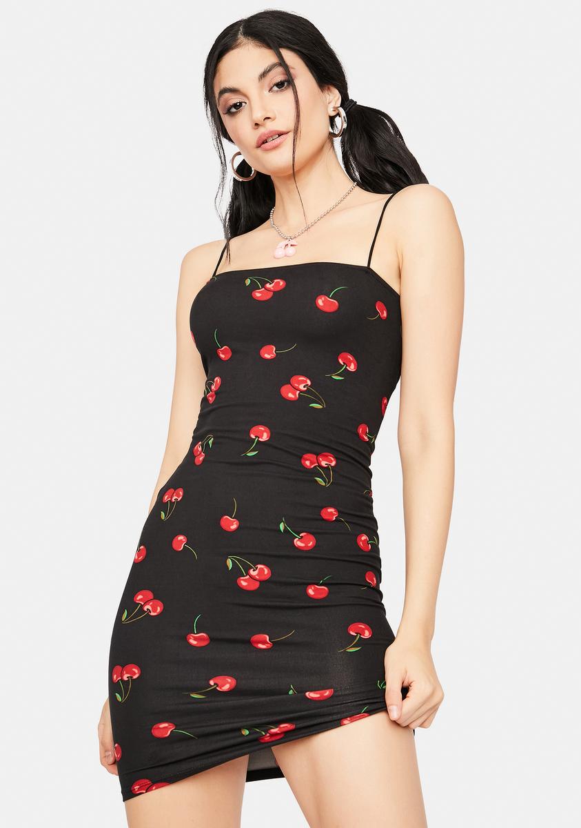 Cherry Print Square Neck Bodycon Mini Dress - Black Cherry Print Square Neck Bodycon Mini Dress - Black