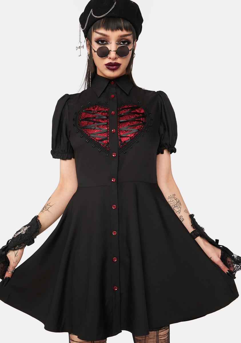 Dark In Love Heart Button Mini Dress - Black/Red Dark In Love Heart Button Mini Dress - Black/Red