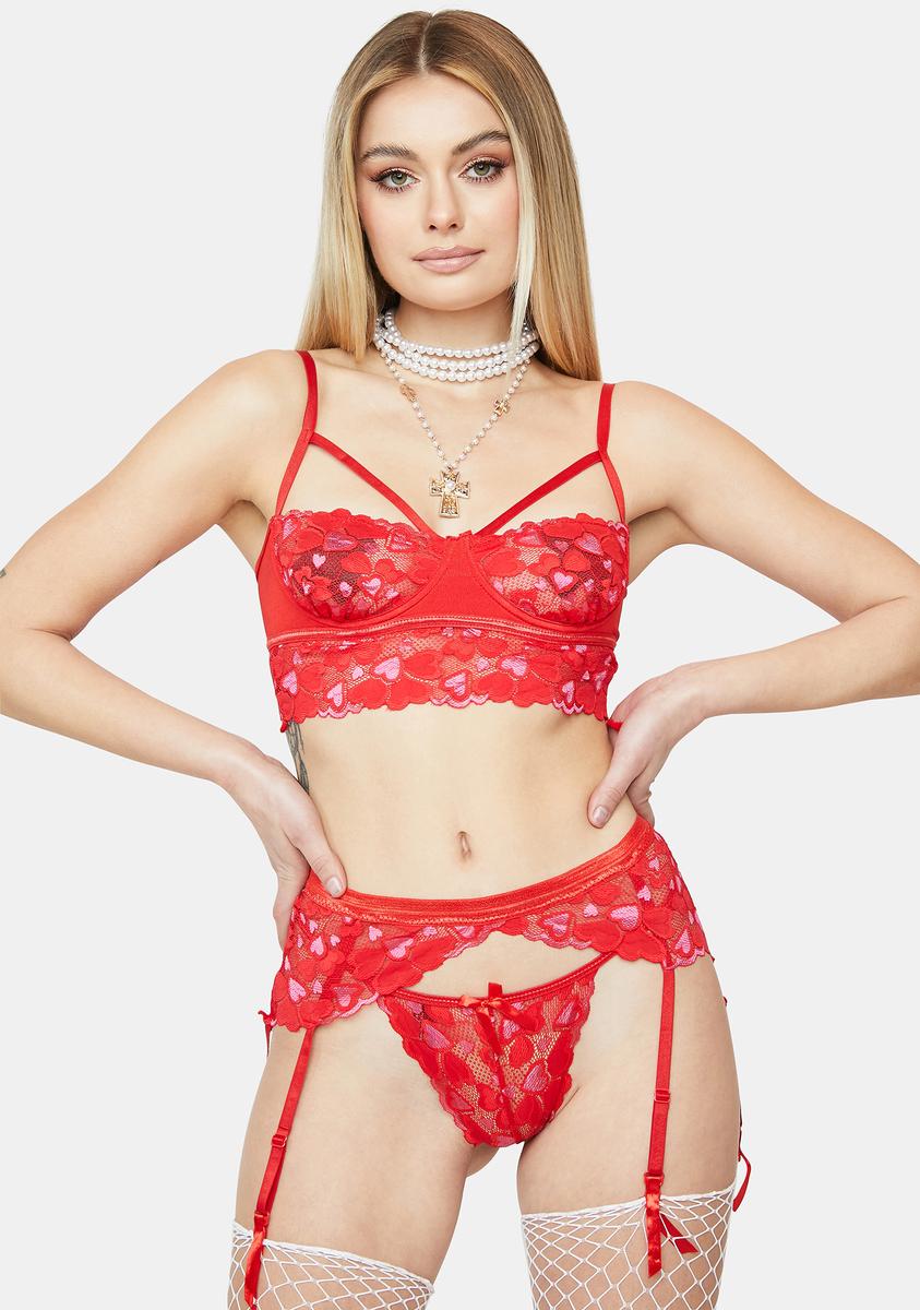 Heart Lace Cutout Bra Top With Thong And Garter Belt