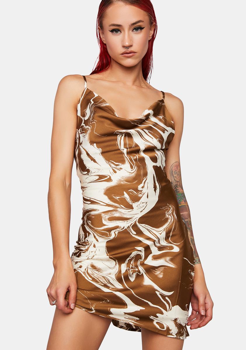Pretty Garbage Satin Cowl Neck Mini Dress Swirl Print - Brown Pretty Garbage Satin Cowl Neck Mini Dress Swirl Print - Brown