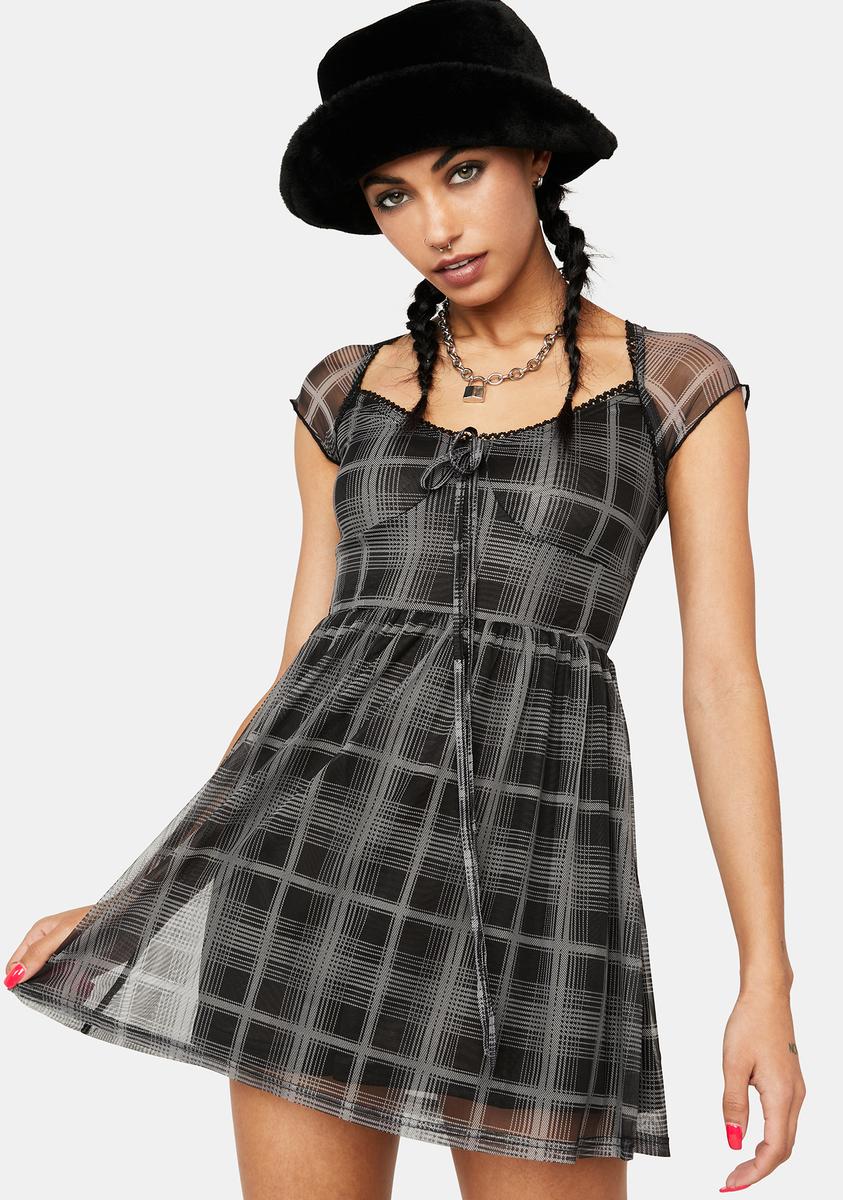 Sheer Plaid Cap Sleeve Babydoll Dress