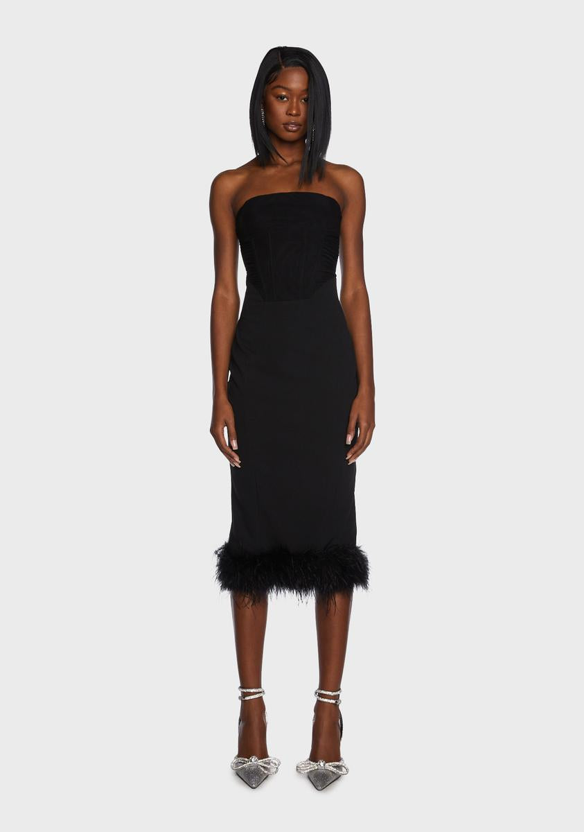 knee length dresses for ladies Faux Fur Trim Midi Dress in Black main image 1