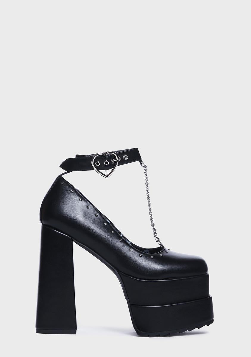 Vegan Leather Chain Heart Buckle Platform Heels - Black