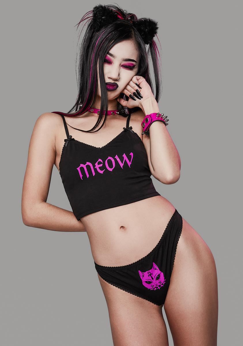 Widow Goth Cat Meow Lingerie Set - Black/Hot Pink  Dolls Kill